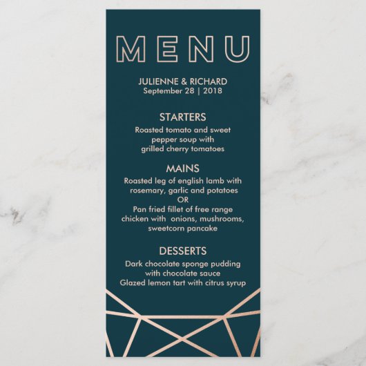 Rose Gold Geometric Diamond Wedding Menu Menükarte (Vorderseite)