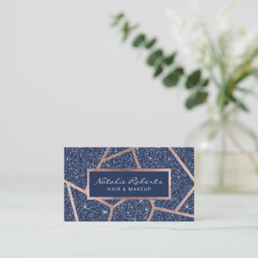 Rose Gold Geometric Navy Blue Glitzer Beauty Salon Visitenkarte (Stehend Vorderseite)