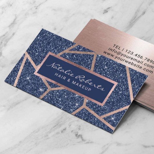 Rose Gold Geometric Navy Blue Glitzer Beauty Salon Visitenkarte