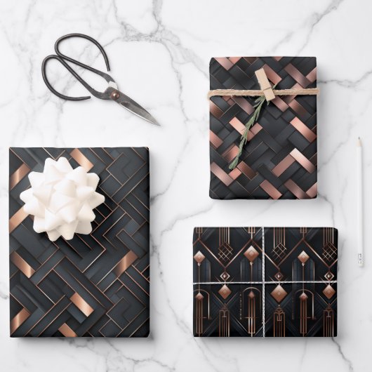 Rose Gold Geometrie über Matte Black Design Geschenkpapier Set (Vorderseite)