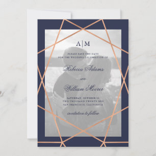 Rose Gold Geometrisch und Mitternachtsblau   Foto Save The Date