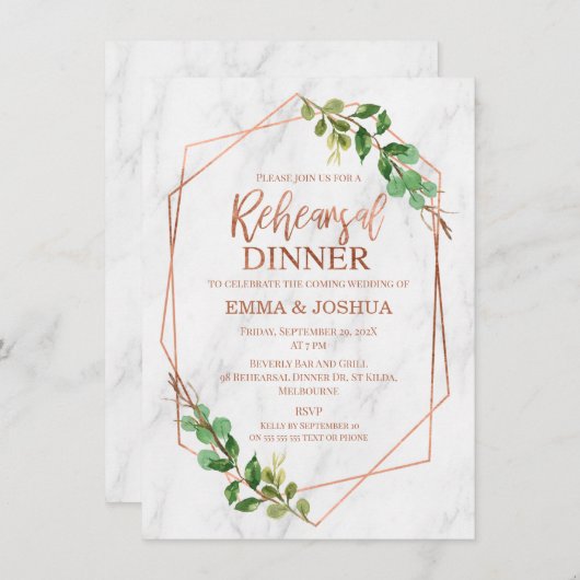 Rose Gold Geometrische Grünflächen Probe Abendesse Einladung (Vorne/Hinten)