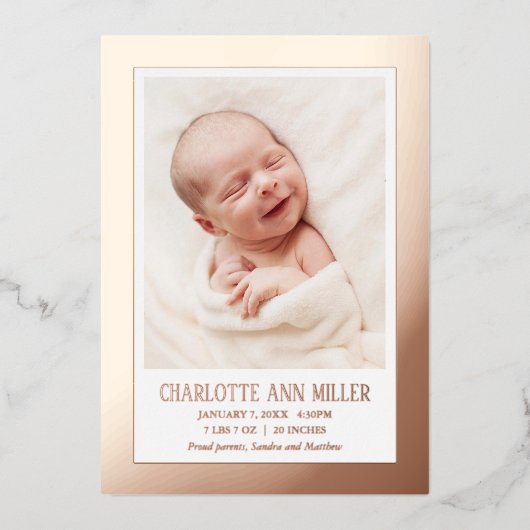 Rose Gold Gerahmt Baby Birth Announccard Folieneinladung (Vorderseite)