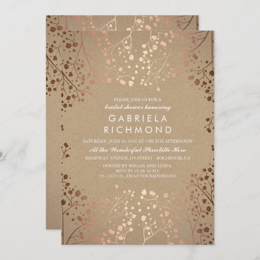 Rose Gold Gipskraut Floral Brautparty Einladung (Vorne/Hinten)