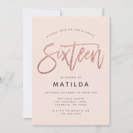 Rose Gold Girly Glitzer Moderne süße 16 Geburtstag (Vorderseite)