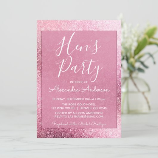 Rose Gold Girly Glitzer Sparkle Hens Party Einladung (Stehend Vorderseite)