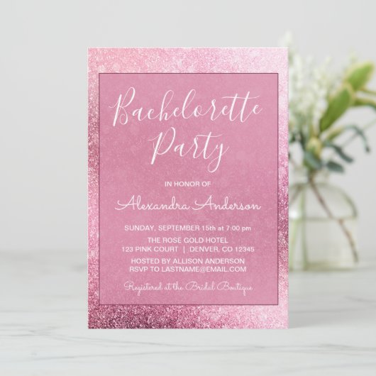 Rose Gold Girly Glitzer Sparkone Junggeselinnen-Ab Einladung (Stehend Vorderseite)