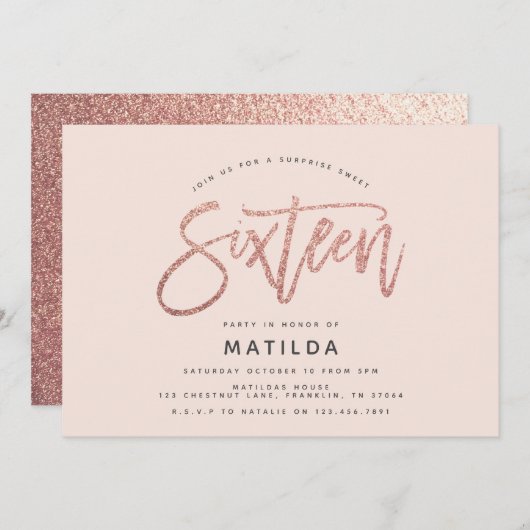 Rose Gold Girly Glitzer Überraschung Süßes 16 Gebu (Vorne/Hinten)