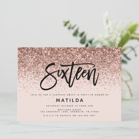 Rose Gold Girly Glitzer Überraschung Süßes 16 Gebu (Stehend Vorderseite)