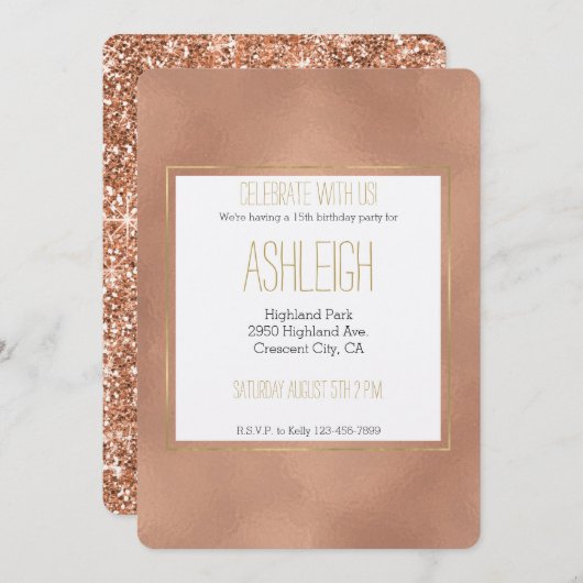 Rose Gold Glam Birthday Einladung (Vorne/Hinten)