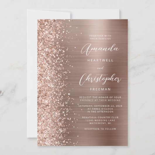 Rose Gold Glam Brushed Metal Glitzer Hochzeit Einladung (Vorderseite)