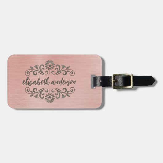 Rose Gold Glam Brushed Metal Monogram Name Script Gepäckanhänger (Vorderseite horizontal)