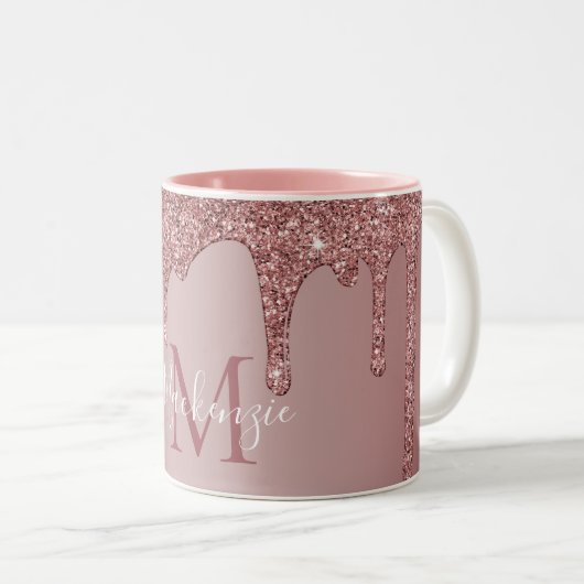 Rose Gold Glam Drift Glitzer Monogram Zweifarbige Tasse (VorderseiteRechts)