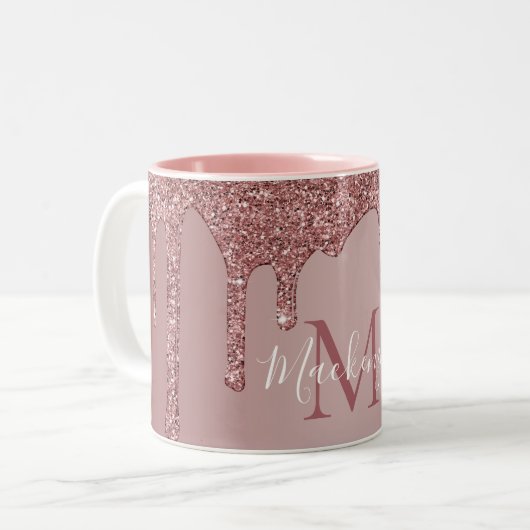 Rose Gold Glam Drift Glitzer Monogram Zweifarbige Tasse (Vorderseite Links)