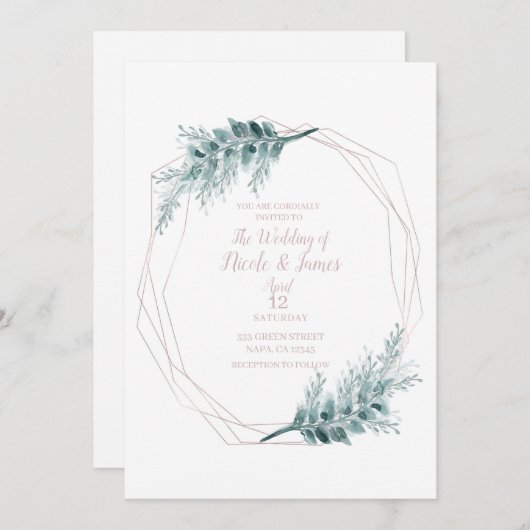 Rose Gold Glam Geometric Botanical Wedding Einladung (Vorne/Hinten)