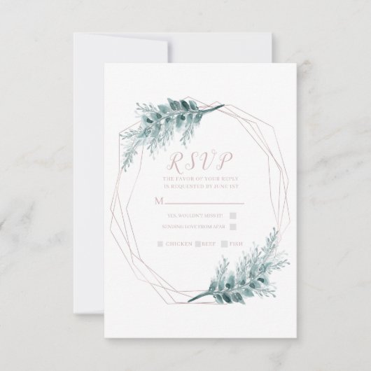 Rose Gold Glam Geometric Botanical Wedding RSVP Karte (Vorderseite)