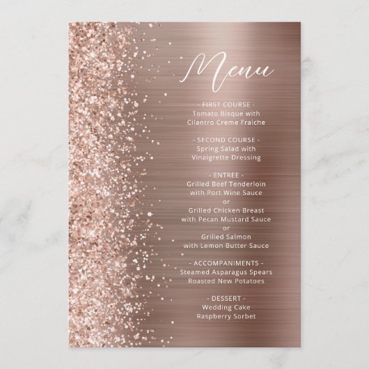 Rose Gold Glam Glitzer Script Wedding Menükarte (Vorderseite)