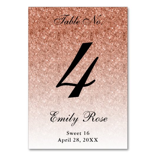 Rose Gold Glam Glitzer Tischnummer Card (Rückseite)