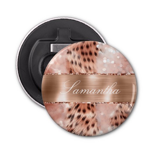 Rose Gold Glam Leopard Glitzer Flaschenöffner (Vorderseite)