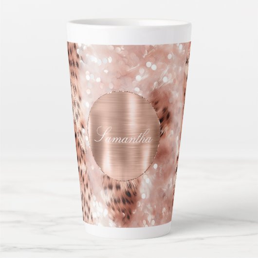 Rose Gold Glam Leopard Glitzer Personalisiert Milchtasse (Vorderseite)