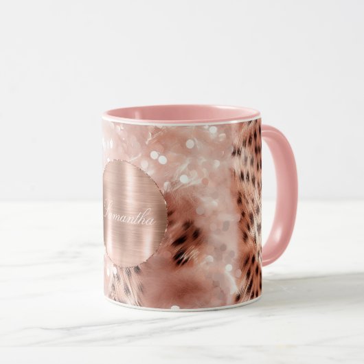 Rose Gold Glam Leopard Glitzer Personalisiert Tasse (VorderseiteRechts)