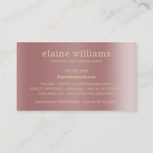 Rose Gold Glam Notary Loan Signing Agent Visitenkarte (Rückseite)