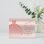 Rose Gold Glam Sweet 16 Modernes Script Einladungspostkarte (Stehend Vorderseite)