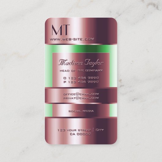 Rose Gold Glass kann mit Initialen grüne Flüssigke Visitenkarte (Rückseite)