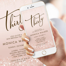 Rose Gold Glitter 30. Geburtstags-Mobil-Einladung