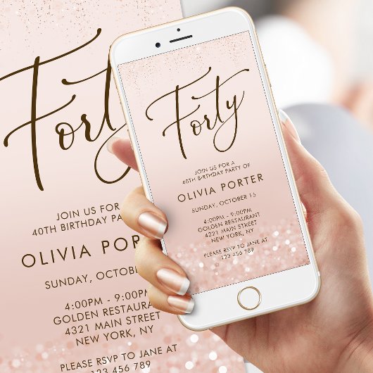 Rose Gold Glitter 40. Geburtstag Mobile Einladung