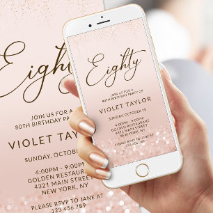 Rose Gold Glitter 80. Geburtstags-Mobile-Einladung Ankündigung