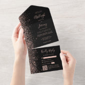 Rose Gold Glitter Black QR Code Wedding All In One Einladung (Abreißen)