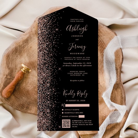 Rose Gold Glitter Black QR Code Wedding All In One Einladung
