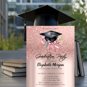 Rose Gold Glitter Blumen Grad Cap Schleife Abschlu Einladung