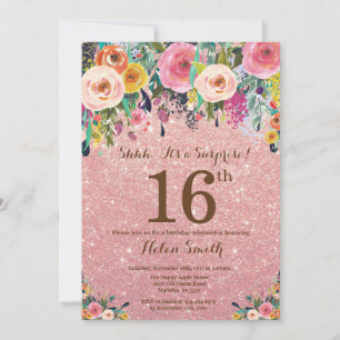 Rose Gold Glitter Blumen Überraschung 16. Geburtst Einladung