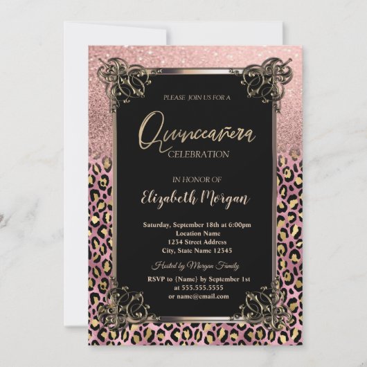 Rose Gold Glitter Border Leopard Quinceañera Einladung (Vorderseite)