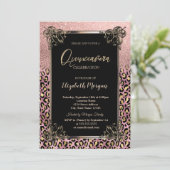 Rose Gold Glitter Border Leopard Quinceañera Einladung (Stehend Vorderseite)