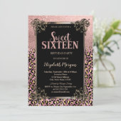 Rose Gold Glitter Border Leopard Sweet 16 Einladung (Stehend Vorderseite)