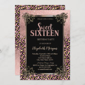 Rose Gold Glitter Border Leopard Sweet 16 Einladung (Vorne/Hinten)