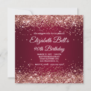 Rose Gold Glitter Burgunder Ombre 90. Geburtstag Einladung
