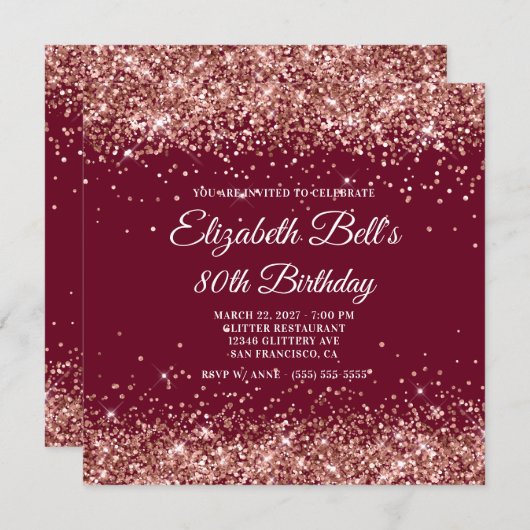 Rose Gold Glitter Burgundy 80th Birthday Einladung (Vorne/Hinten)