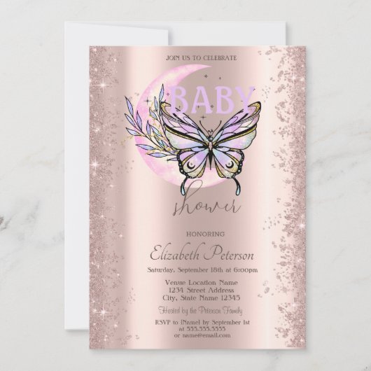 Rose Gold Glitter Butterfly Moon Baby Shower Einladung (Vorderseite)