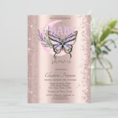Rose Gold Glitter Butterfly Moon Baby Shower Einladung (Stehend Vorderseite)