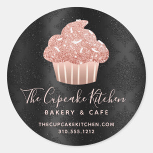Rose Gold Glitter Cupcake Bäckerei Chef Black Dama Runder Aufkleber