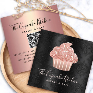 Rose Gold Glitter Cupcake QR Code auf schwarzer Bä Quadratische Visitenkarte