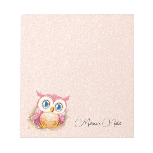 Rose Gold Glitter Cute Owl Add Name Notizblock (Vorderseite)