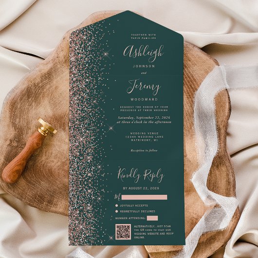 Rose Gold Glitter Dark Green QR Code Wedding All In One Einladung