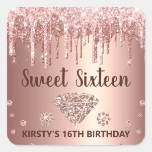 Rose Gold Glitter & Diamant Sweet 16 tropfend Quadratischer Aufkleber