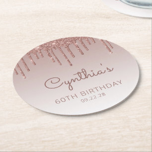 Rose Gold Glitter Drip 60. Geburtstagsfeier Runder Pappuntersetzer