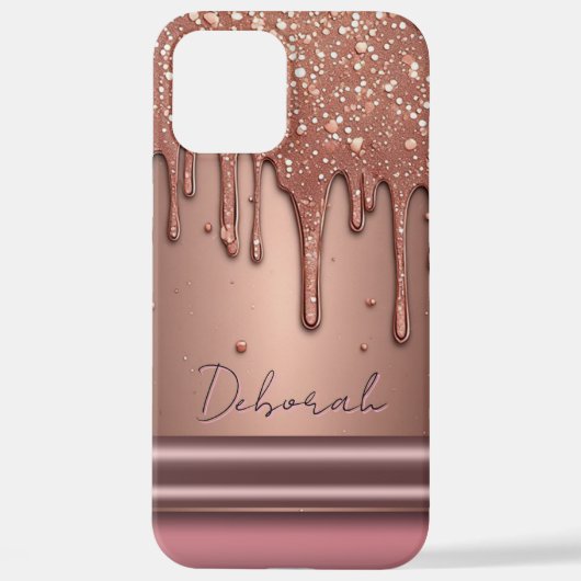 Rose Gold Glitter Drip Custom Name Monogram iPhone Hülle (Rückseite)